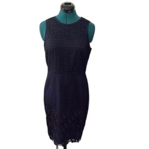 Ann Taylor Petite Navy Lace Sheath Dress 8P Crochet Detail Work Office Wedding